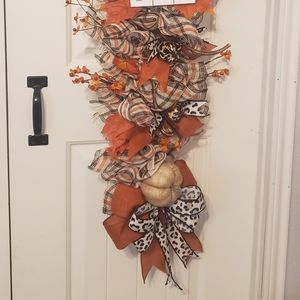 Leopard, orange,  and burlap fall door swag wreath
